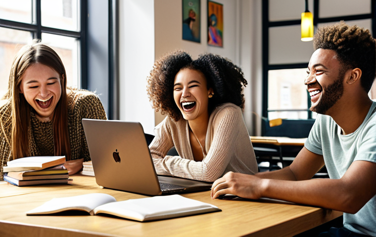 **
A diverse group of young adults from around the world laughing and working together on a project in a modern, sunlit co-working space. Laptops, books, and cultural artifacts are scattered around the table. The atmosphere is collaborative and energetic. Focus on conveying a sense of international teamwork and cultural exchange.
**