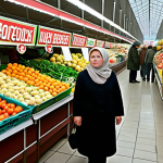 A bustling marketplace in Russia. On one side, vibrant displays of imported fruits and vegetables from FTA countries, with price tags slightly lower than locally grown produce. In the background, a traditional babushka thoughtfully examines both, a mix of curiosity and concern on her face. The scene should evoke a sense of everyday life and the tangible effects of trade agreements.