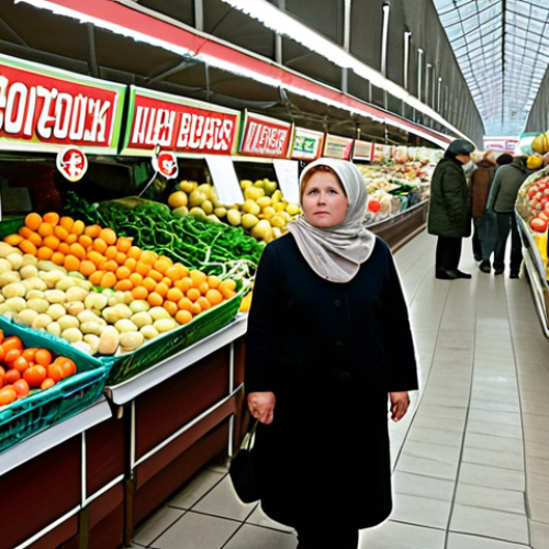 A bustling marketplace in Russia. On one side, vibrant displays of imported fruits and vegetables from FTA countries, with price tags slightly lower than locally grown produce. In the background, a traditional babushka thoughtfully examines both, a mix of curiosity and concern on her face. The scene should evoke a sense of everyday life and the tangible effects of trade agreements.