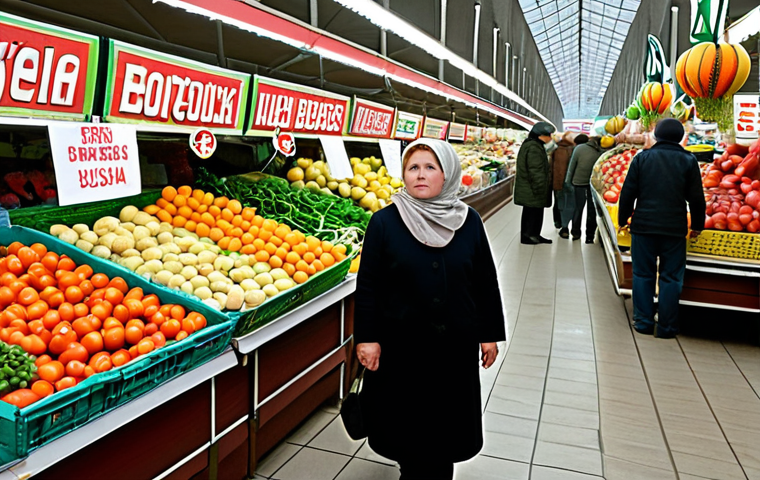 A bustling marketplace in Russia. On one side, vibrant displays of imported fruits and vegetables from FTA countries, with price tags slightly lower than locally grown produce. In the background, a traditional babushka thoughtfully examines both, a mix of curiosity and concern on her face. The scene should evoke a sense of everyday life and the tangible effects of trade agreements.