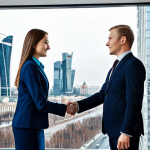 **

A professional businesswoman in a modest dark blue business suit, shaking hands with a businessman in a modern office setting, Moscow skyline visible through the window, fully clothed, appropriate attire, safe for work, perfect anatomy, natural proportions, professional corporate photography, high quality, amicable atmosphere.

**