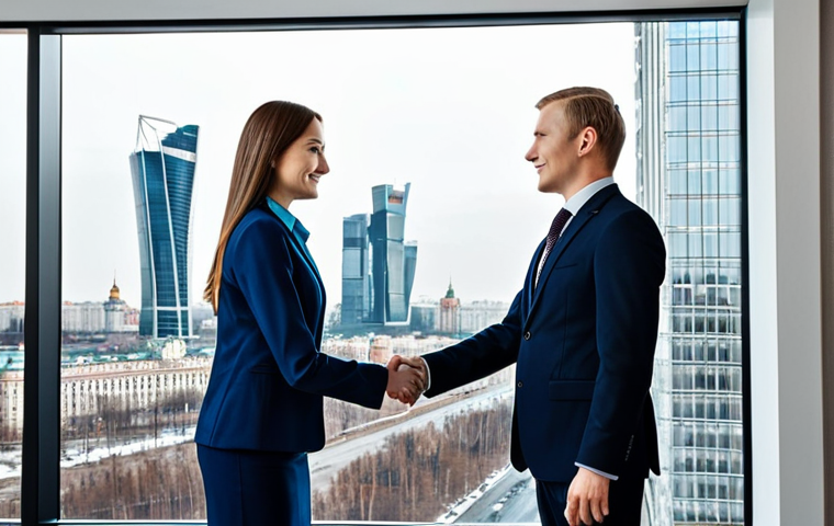 **
A professional businesswoman in a modest dark blue business suit, shaking hands with a businessman in a modern office setting, Moscow skyline visible through the window, fully clothed, appropriate attire, safe for work, perfect anatomy, natural proportions, professional corporate photography, high quality, amicable atmosphere.
**