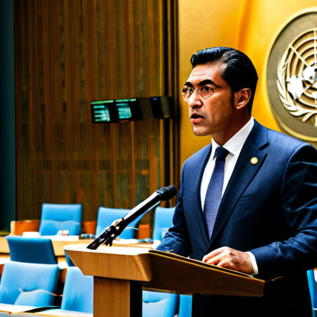 국제정치 이론 - "A serious, fully clothed diplomat in a professional suit, giving a speech at the United Nations hea...