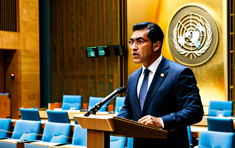 국제정치 이론 - "A serious, fully clothed diplomat in a professional suit, giving a speech at the United Nations hea...