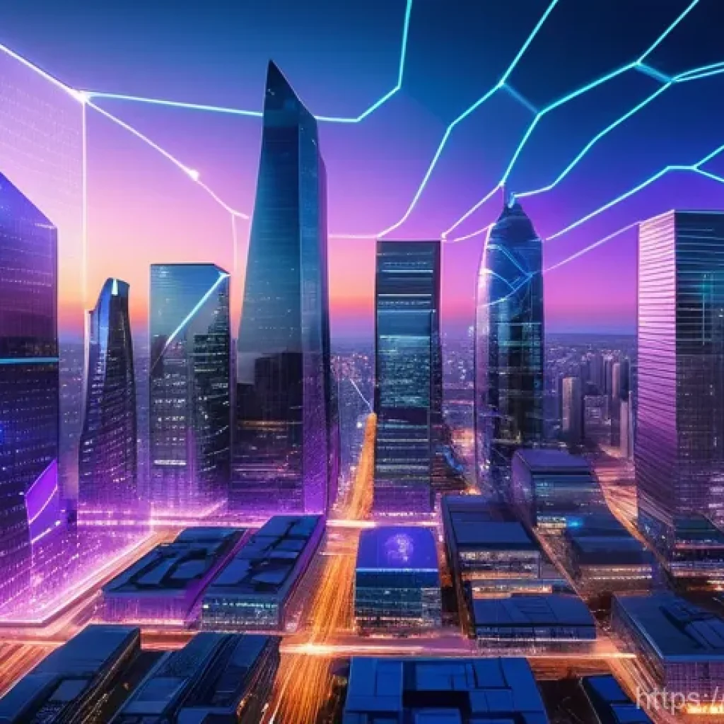국제 경제의 디지털화와 미래 전망 - **Blockchain-Powered Urban Future**
A wide-angle, futuristic city skyline at twilight, bathed in...