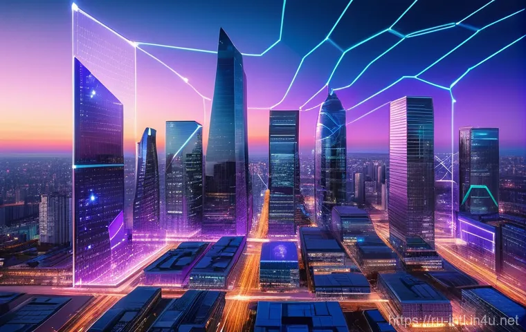 국제 경제의 디지털화와 미래 전망 - **Blockchain-Powered Urban Future**
A wide-angle, futuristic city skyline at twilight, bathed in...