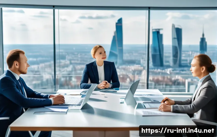 국제무역이론 및 사례 - A detailed business meeting scene in a modern office overlooking Moscow skyline, featuring diverse R...