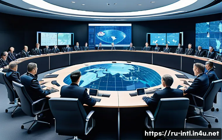 국제 안보와 군사동맹 - A detailed digital painting of a modern military alliance summit, showing diverse international dele...