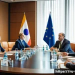 국제 분쟁 해결 방법 - A formal international mediation scene set in a modern conference room with diverse diplomats repres...