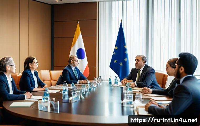 국제 분쟁 해결 방법 - A formal international mediation scene set in a modern conference room with diverse diplomats repres...