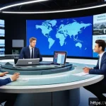 미디어와 국제 정치 - A detailed news studio scene showing a diverse group of professional journalists in a modern newsroo...