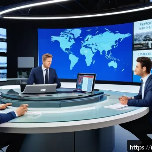 미디어와 국제 정치 - A detailed news studio scene showing a diverse group of professional journalists in a modern newsroo...