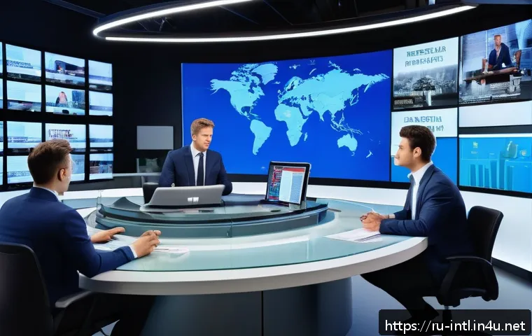 미디어와 국제 정치 - A detailed news studio scene showing a diverse group of professional journalists in a modern newsroo...