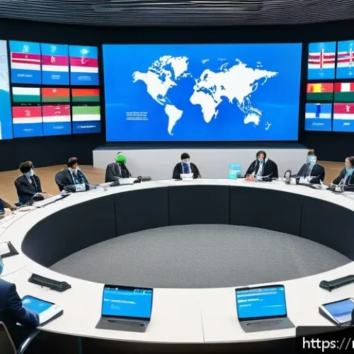 국제 보건 위기 대응 사례 - A detailed scene of an international health conference room with diverse delegates from various coun...