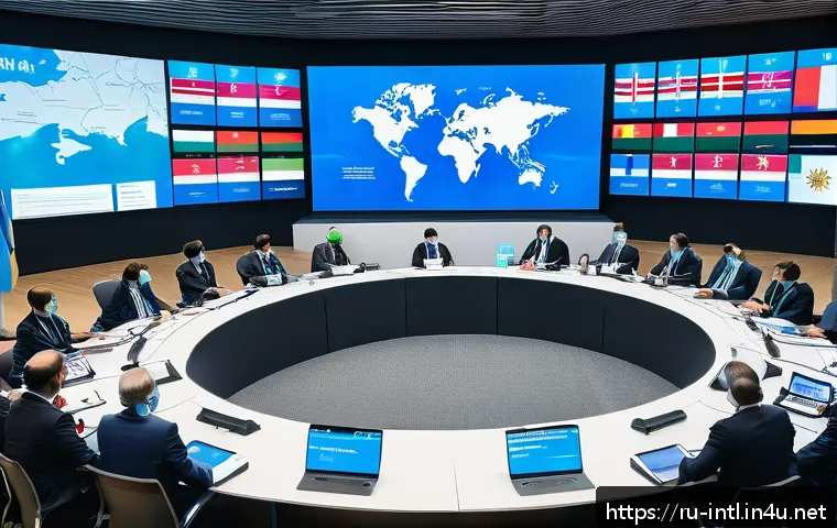 국제 보건 위기 대응 사례 - A detailed scene of an international health conference room with diverse delegates from various coun...