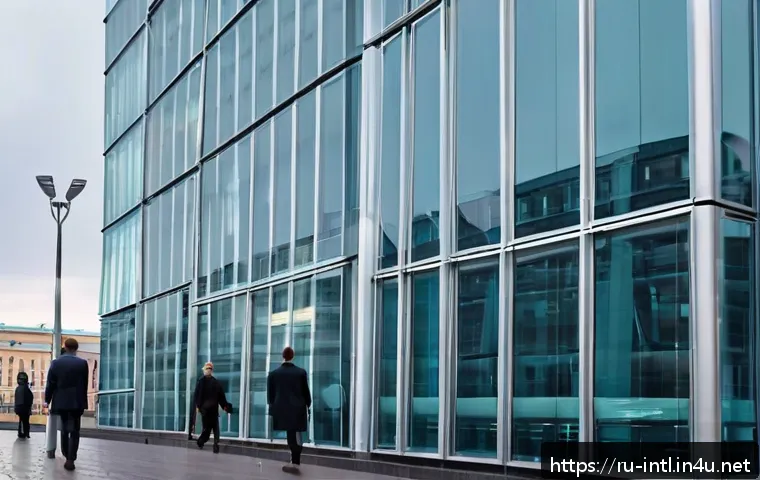 국제 범죄 조직과 대응책 - A detailed scene of a modern Russian city office building housing a legitimate business front used b...