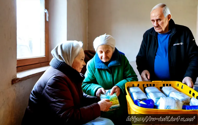 Home 17 비정부기구 NGO 와 국제협력 - Photorealistic humanitarian cooperation scene in a rural Eastern European community center, a divers...